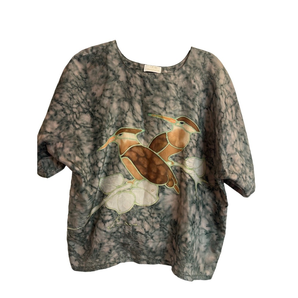 Eli-Ane Hand Painted Silk Blouse Wearable Art Birds Top One Size Fits Most